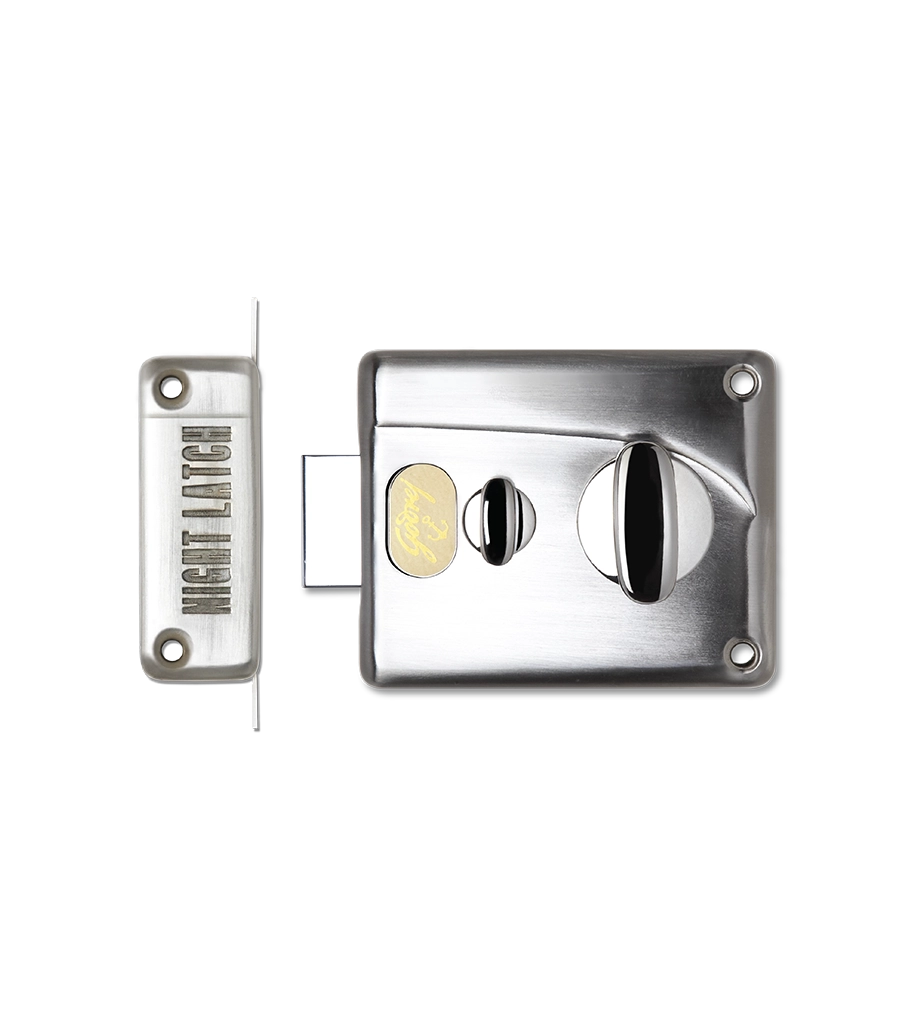 Metallic door lock mechanism on a white background