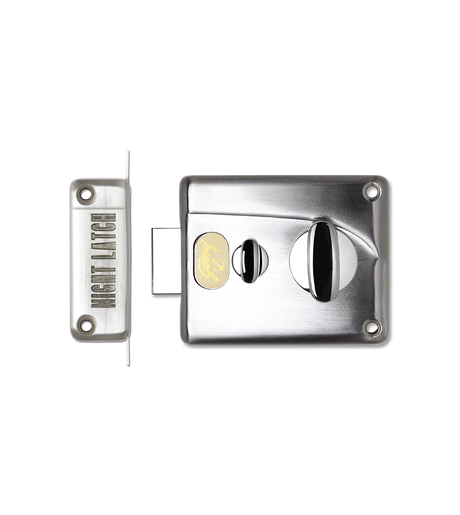 Metallic door lock mechanism on a white background