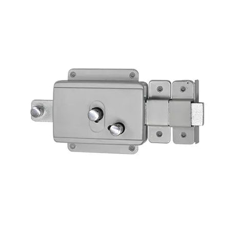 Metal door lock mechanism on a white background
