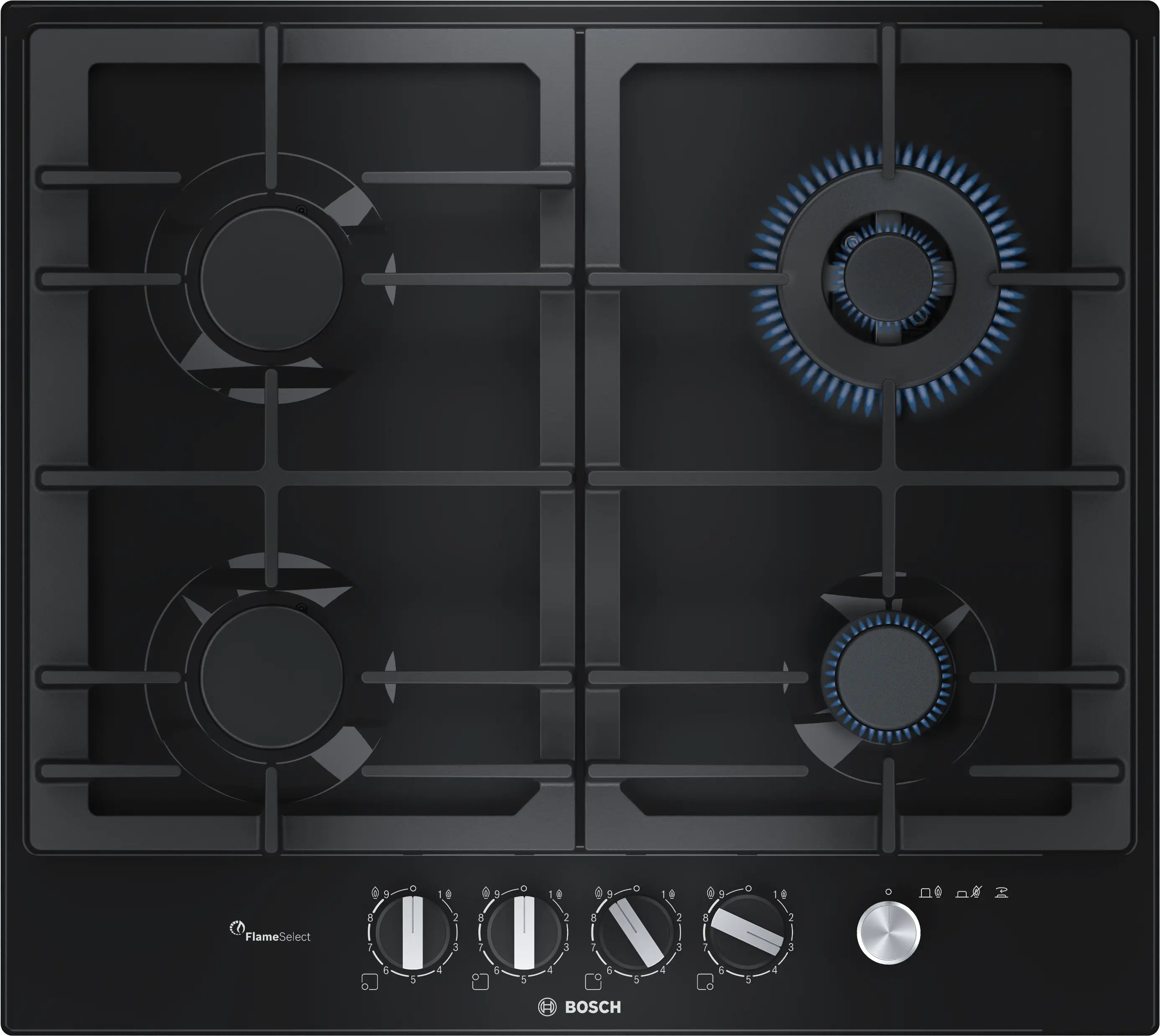Bosch Black Enamel Gas Cooktop 60cm 4 Burners FlameSelect PCH6A6M90I
