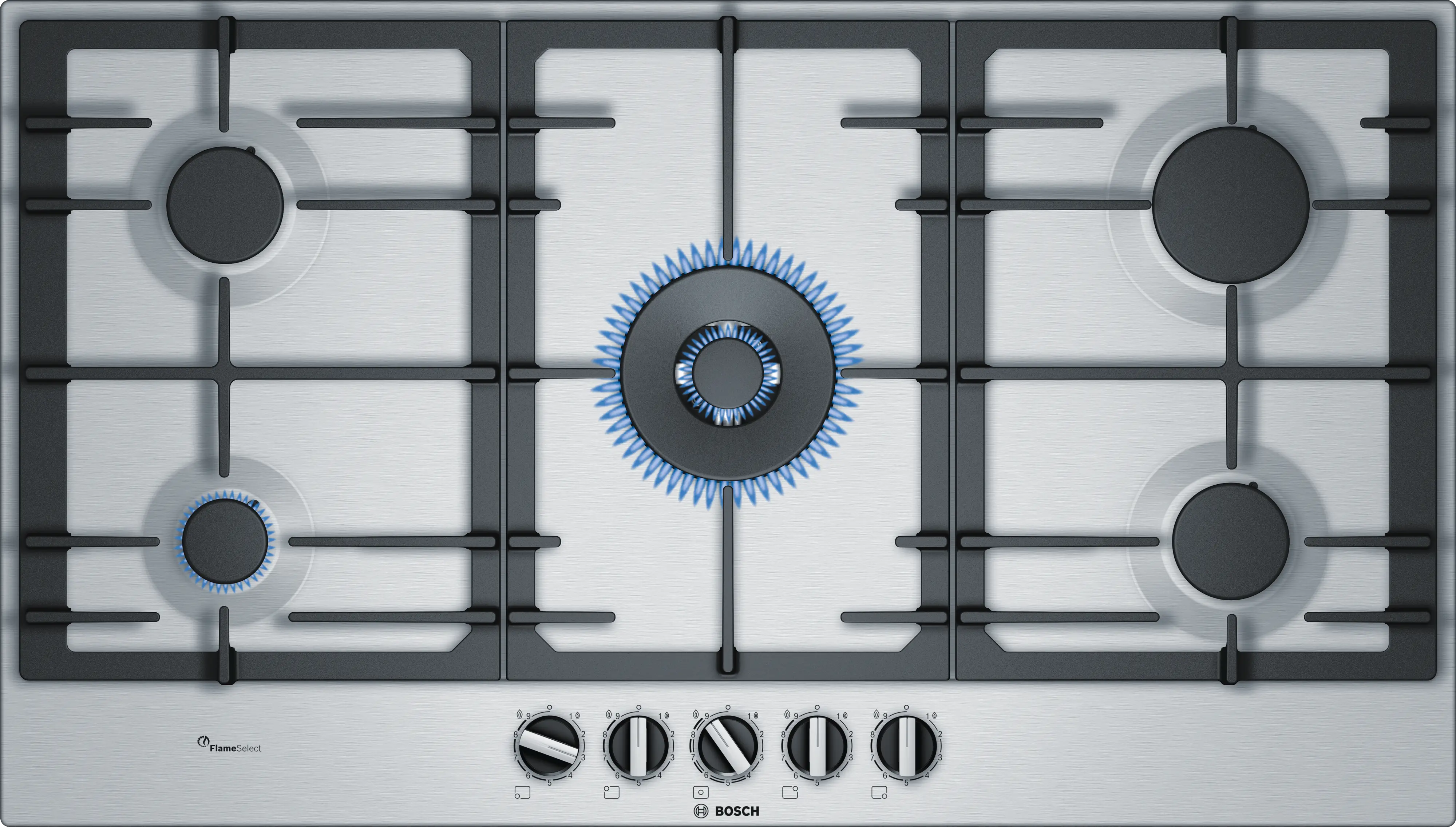 Bosch Stainless Steel Gas Cooktop 90cm 5 Burners FlameSelect PCR9A5B90I