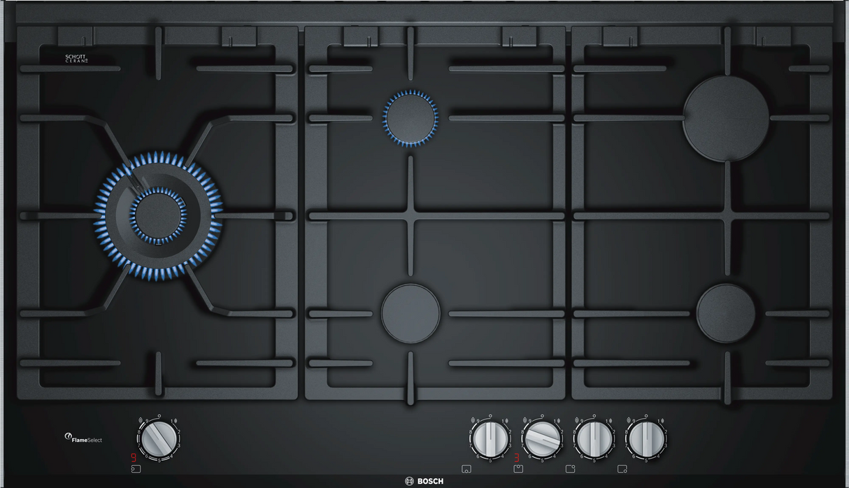 Bosch Black Ceramic Gas Cooktop 90cm 5 Burners FlameSelect PRS9A6D70I