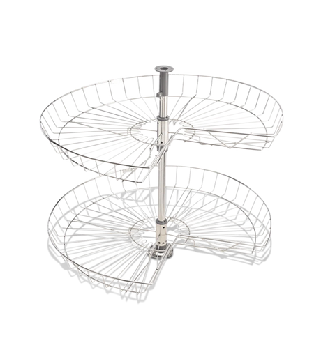 Three-tiered metal wire lazy susan on a white background