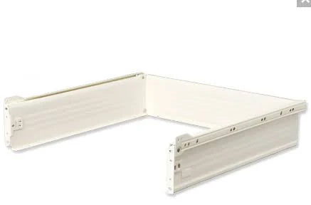 White wooden L-shaped desk on a white background