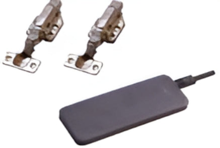 Two metal hinges and a black rectangular device on a white background