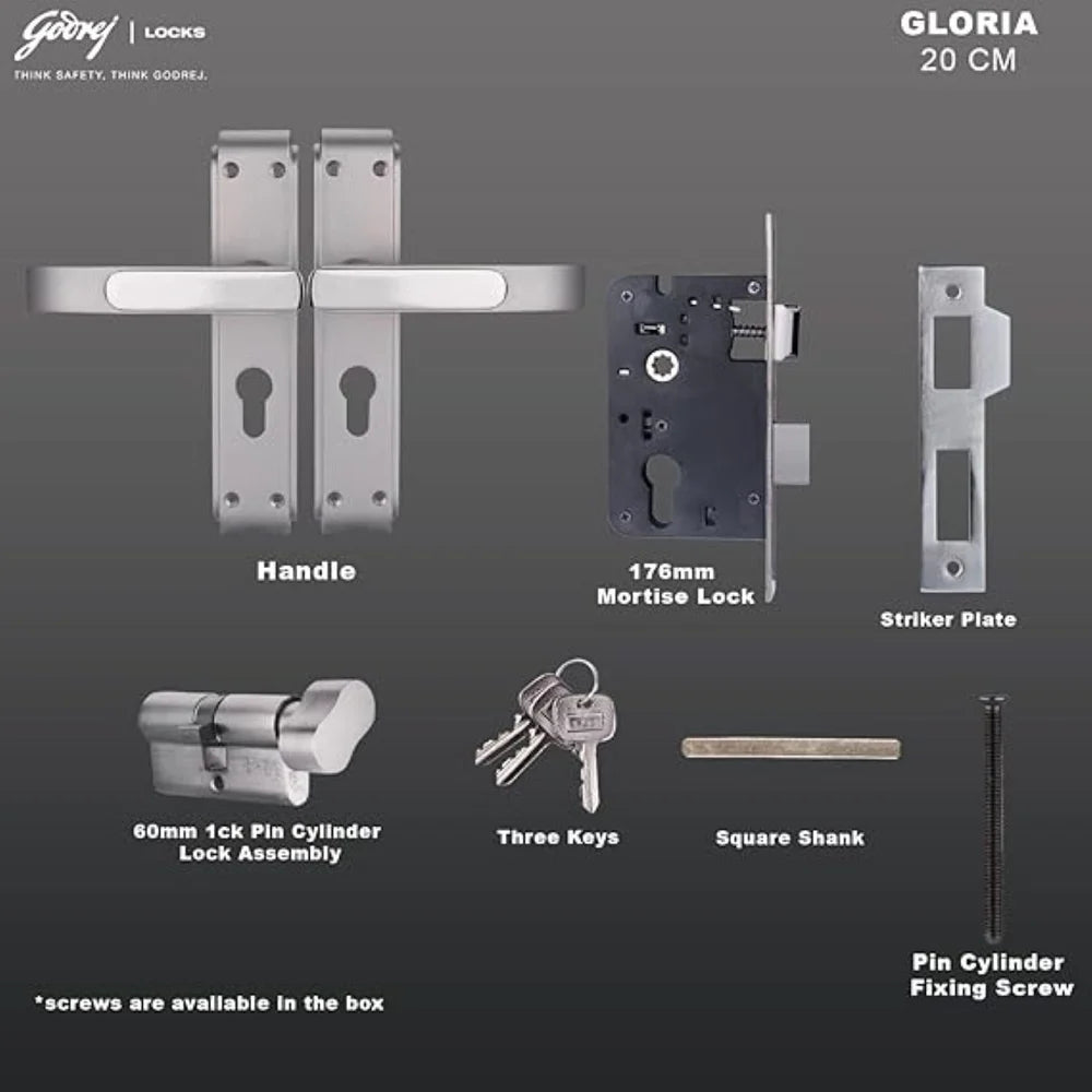 GLORIA 200mm Door Handle Set 1CK with Victor Cylinder – Satin Steel (3130)