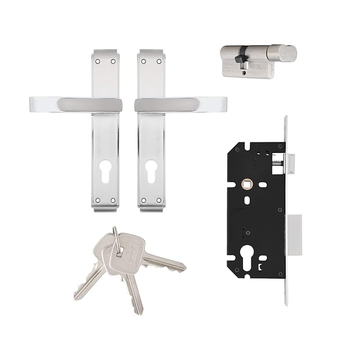 GLORIA 240mm Door Handle Set 1CK with Victor Cylinder – Satin Steel (3126)