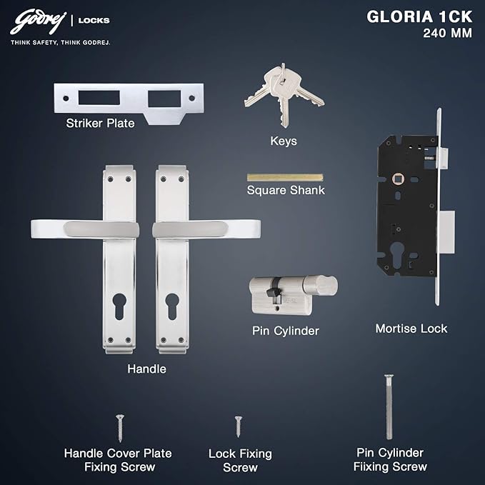 GLORIA 240mm Door Handle Set 1CK with Victor Cylinder – Satin Steel (3126)