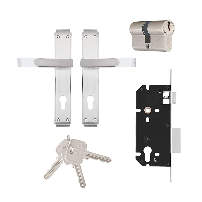 GLORIA 240mm Door Handle Set 2C with Victor Cylinder – Satin Steel (3124)