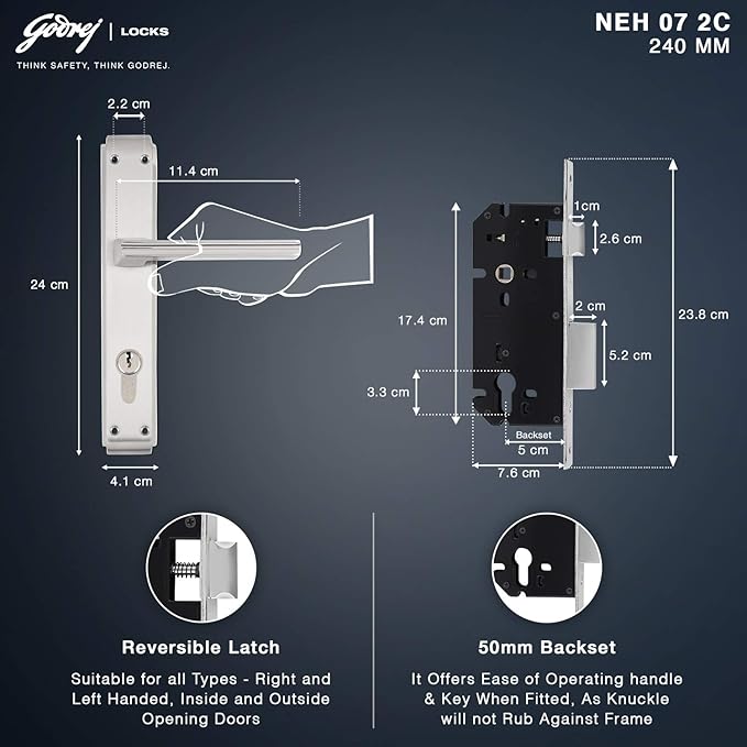 Godrej NEH07 240mm Door Handle Set 2C - Satin Steel