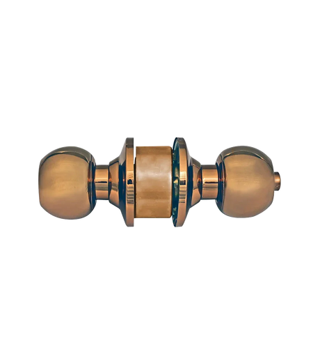 Decorative door handle with a metallic finish on a white background