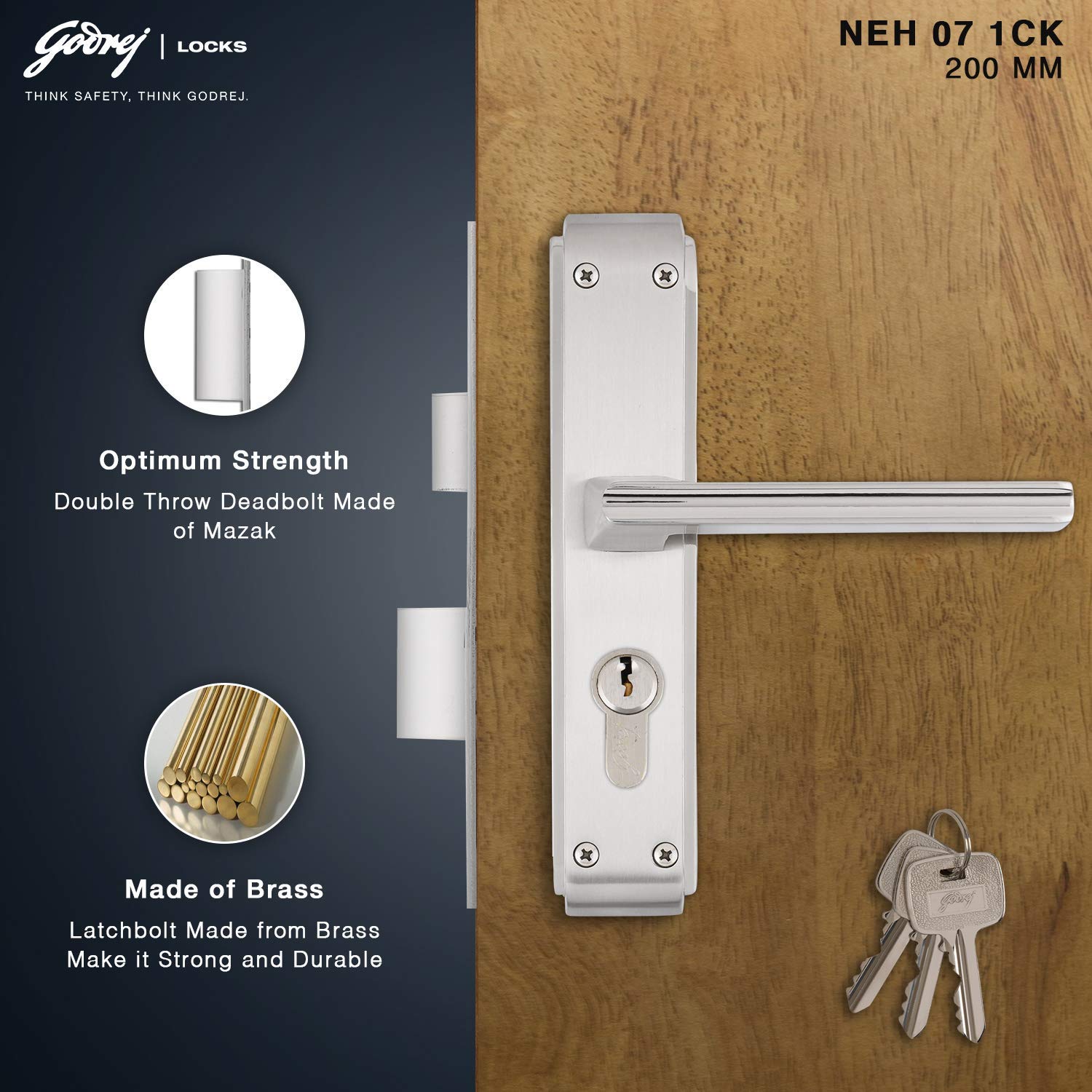 Godrej NEH08 240mm Door Handle Set 2C - Satin Steel