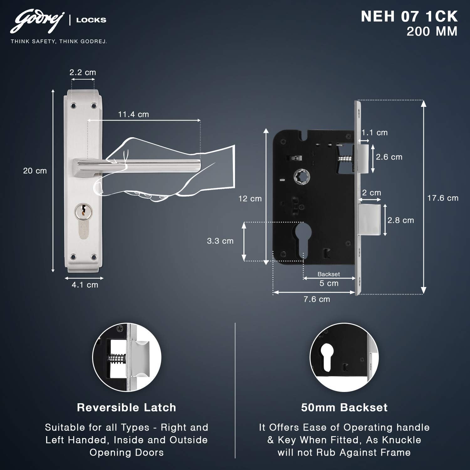 Godrej NEH08 240mm Door Handle Set 2C - Satin Steel