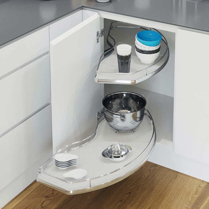 Corner kitchen cabinet organizer with various dishes inside
