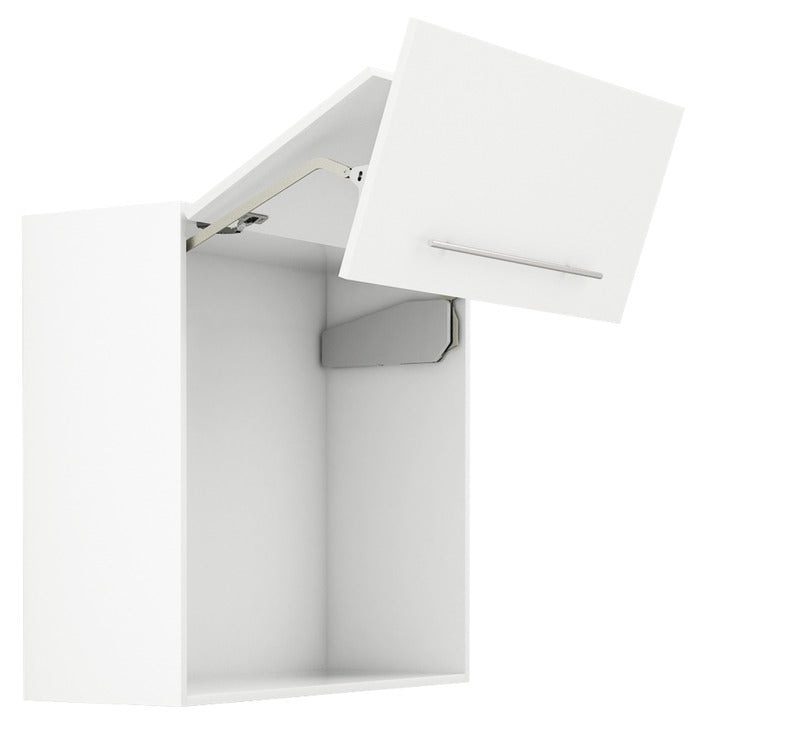 White wall-mounted cabinet with open door on a white background