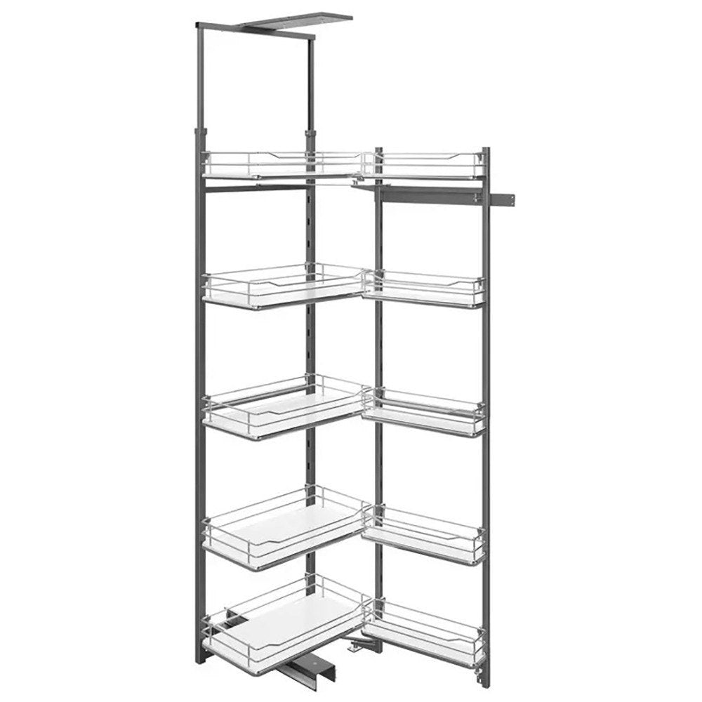 Metal shelving unit with multiple shelves on a white background