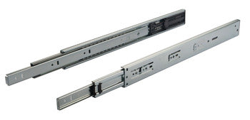 Two metal drawer slides on a white background