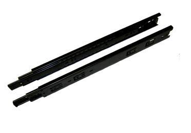 Two black metal drawer slides on a white background