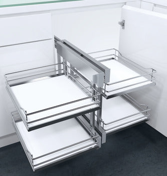 Set of pull-out kitchen drawers with white interior in a modern kitchen setting.
