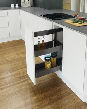 Kitchen island with pull-out shelves and cooktop