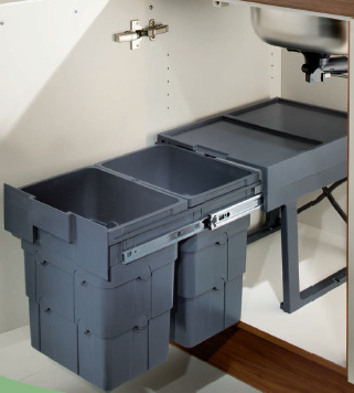 Hafele Wasteboy Dustbin System 400mm Cabinet Width 2x16 Lit Dark Grey