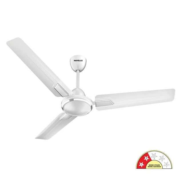 White ceiling fan with three blades on a white background