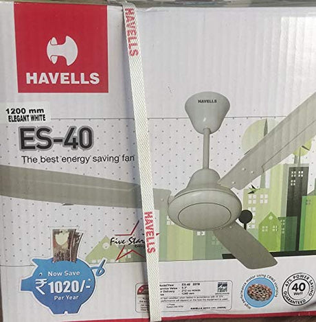 Havells ES-40 ceiling fan packaging with brand logo and product details.