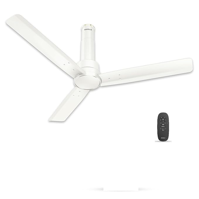 White ceiling fan with remote control on a white background