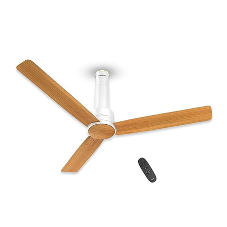 Ceiling fan with wooden blades and remote control on a white background