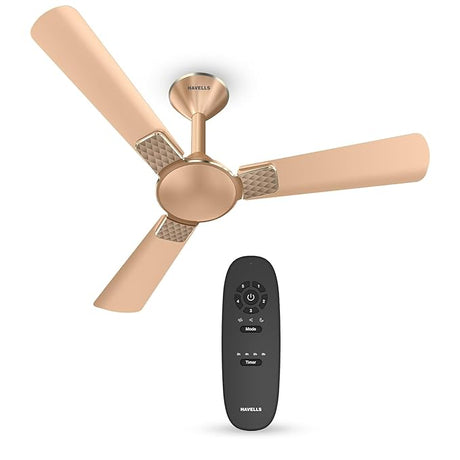 Ceiling fan with beige blades and gold center, accompanied by a remote control on a white background.