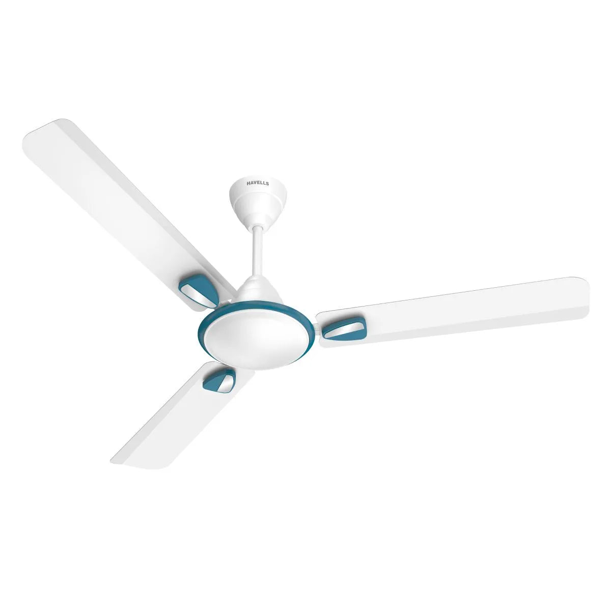 White ceiling fan with blue accents on a white background