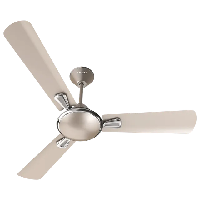 Ceiling fan with beige blades and metallic hub on a white background