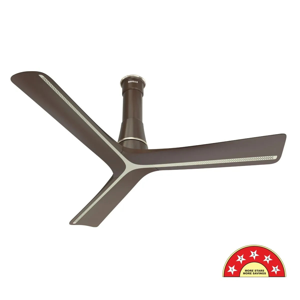 Ceiling fan with wooden blades and a remote control on a white background