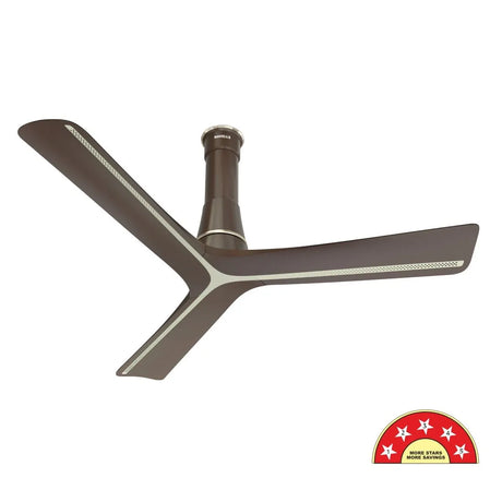 Ceiling fan with wooden blades and a remote control on a white background