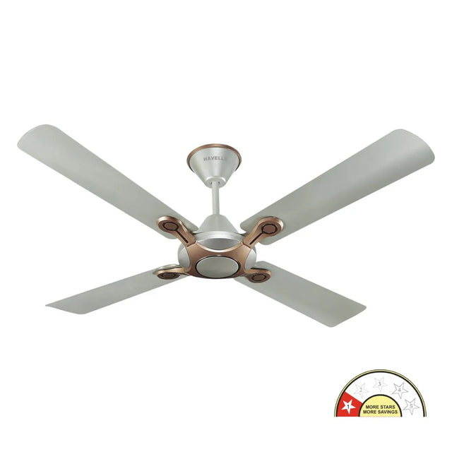 Ceiling fan with white blades and a metallic center on a white background