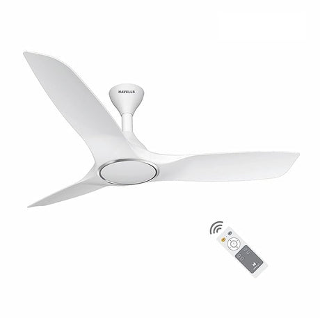 White ceiling fan with remote control on a white background