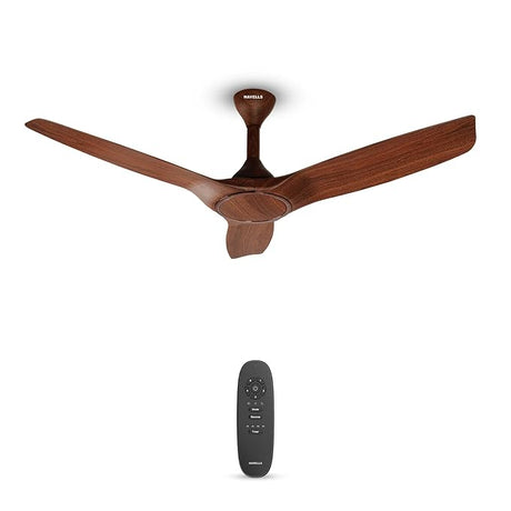 Wooden ceiling fan with remote control on a white background