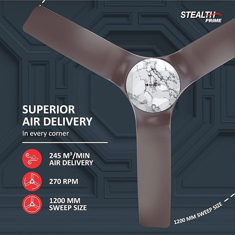Ceiling fan with specifications on a dark background