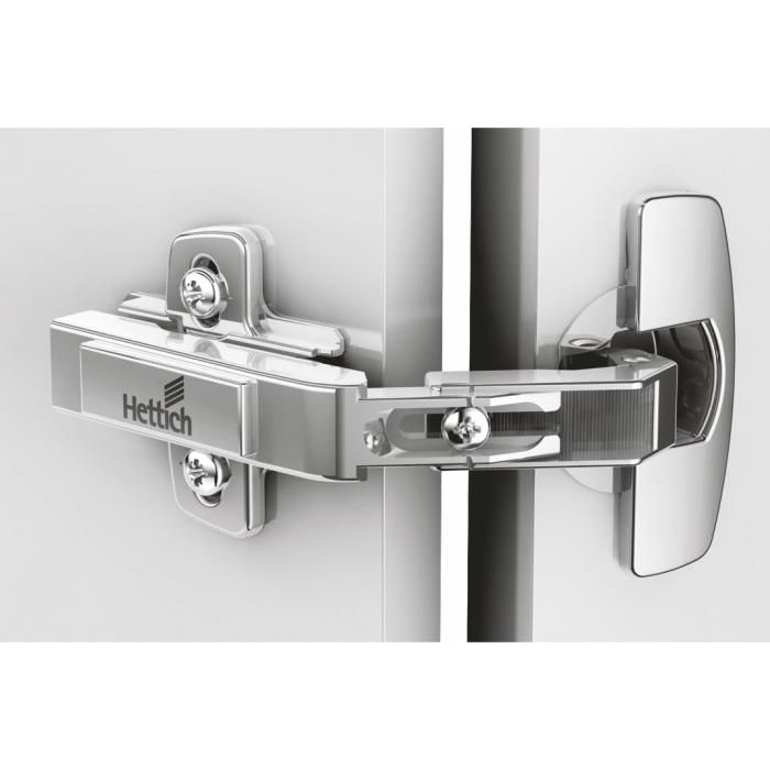 Close-up of a Hettich door hinge on a white background