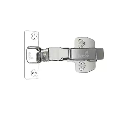 Chrome cabinet hinge on a white background