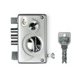 Metal door lock mechanism with a key on a white background