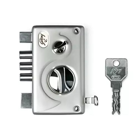 Metal door lock mechanism with a key on a white background