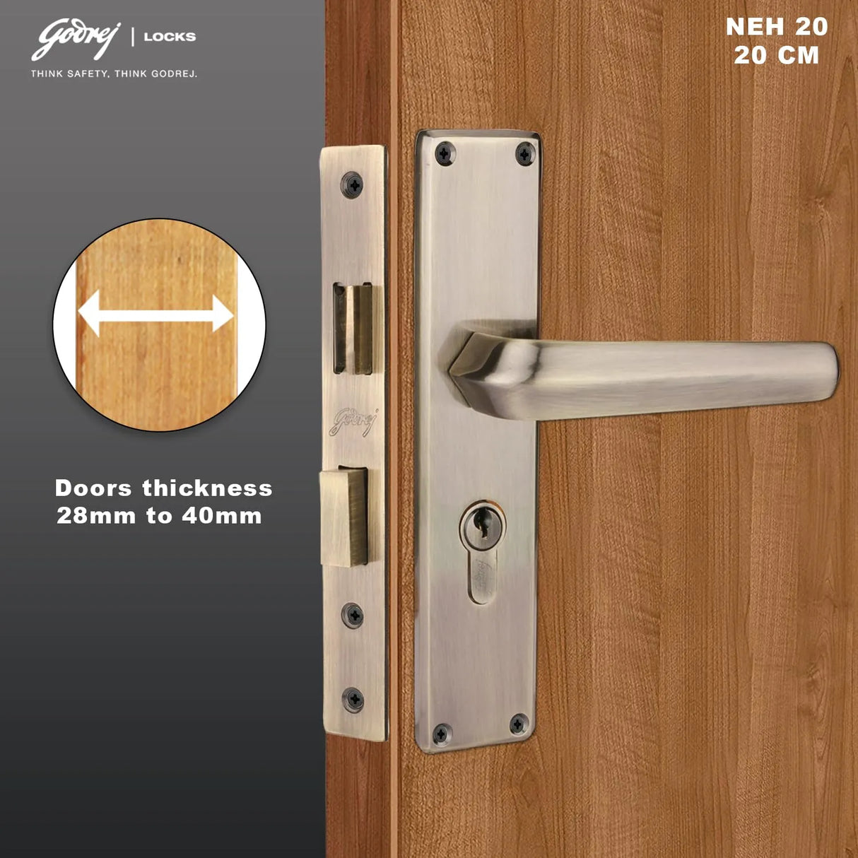 Godrej NEH20 200mm Handle & Lock Combo Satin Steel