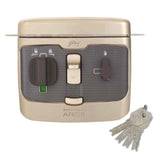 Portable stove with control knobs and a keychain on a white background