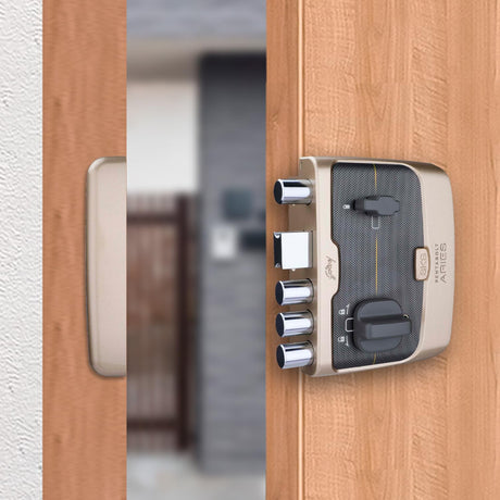 Smart lock on a wooden door with a blurred background
