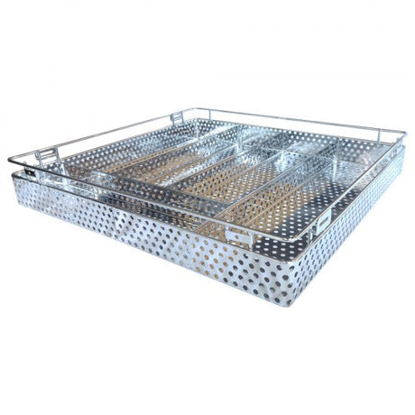 Metal perforated tray on a white background