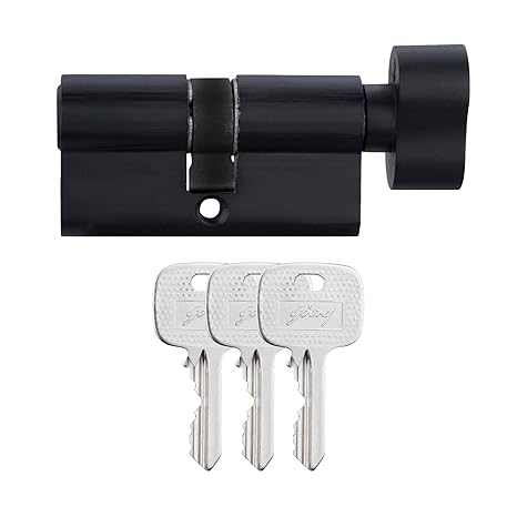 Black cylindrical lock with three keys on a white background