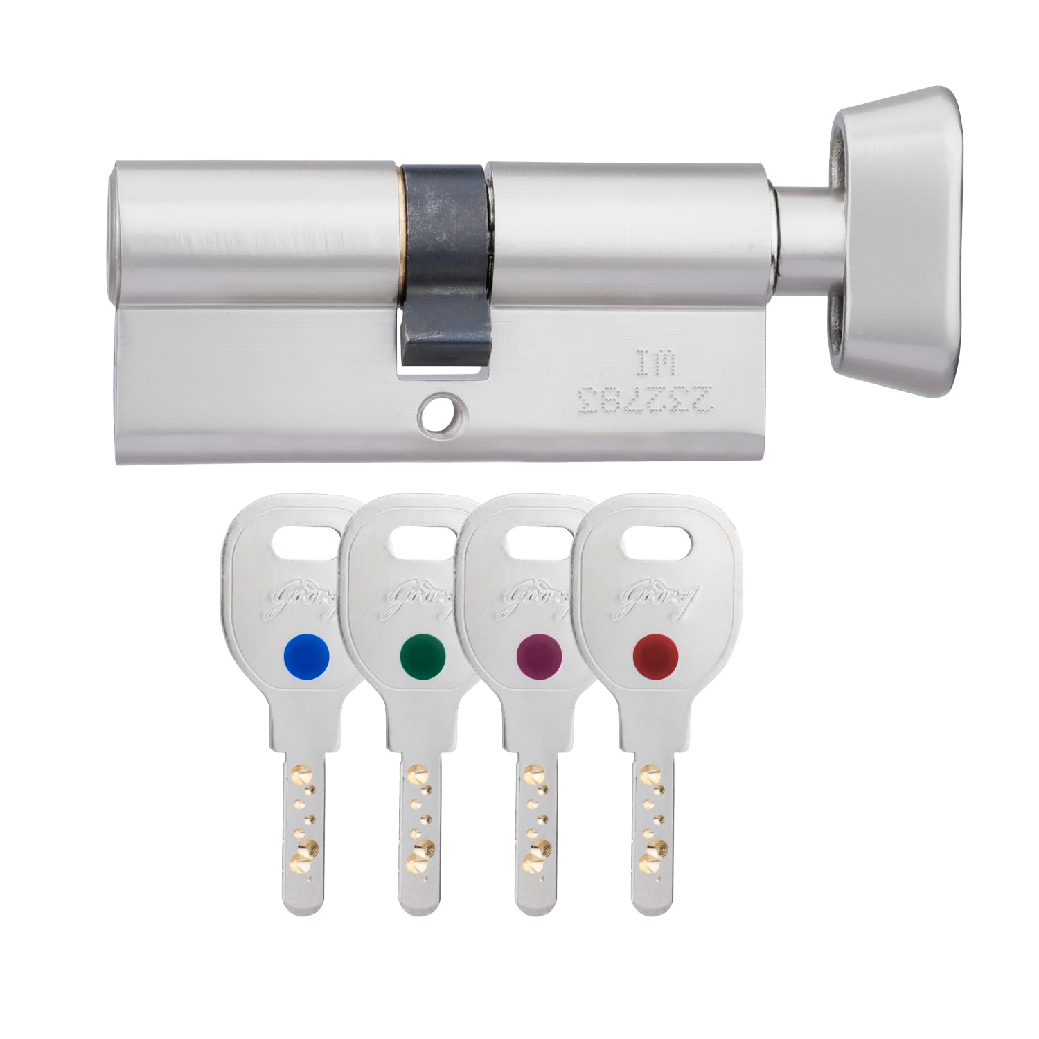 Lock cylinder with four keys on a white background