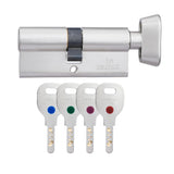 Lock cylinder with four keys on a white background