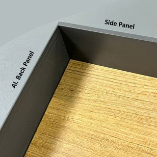 Wooden panel with labeled 'Side Panel' and 'Al. Back Panel' on a gray background